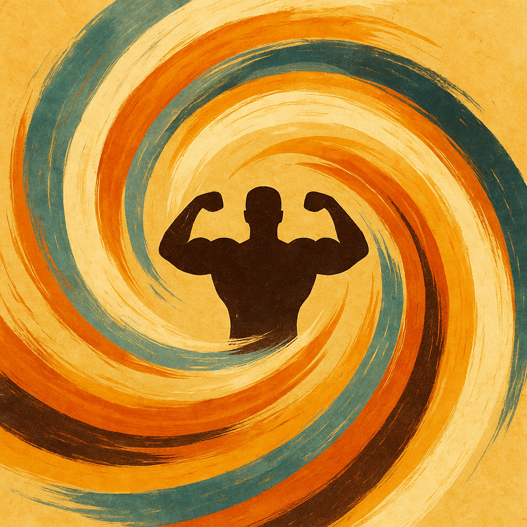 Protein powder sachets – swirling orange and teal design with muscular silhouette representing strength