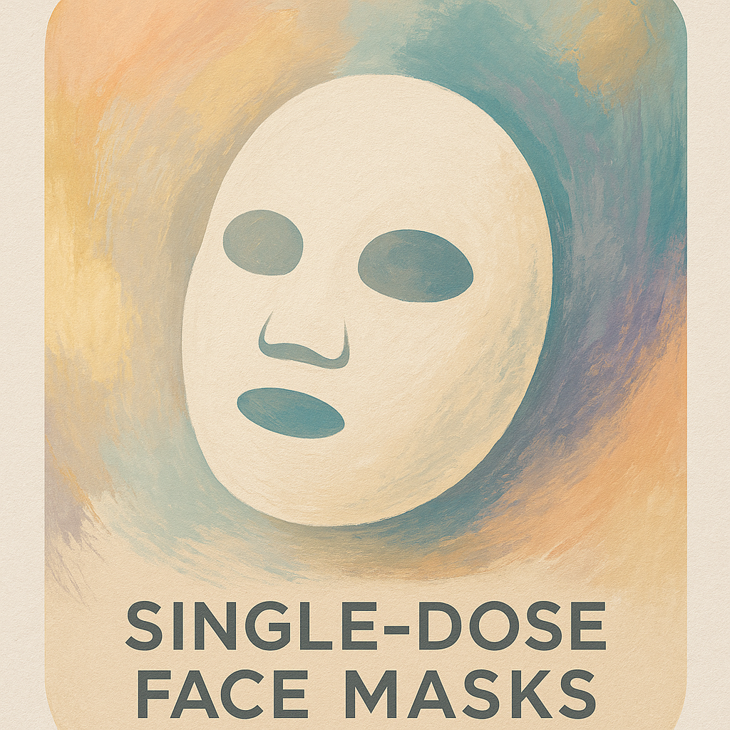 Single-dose face mask sachets with stylised face design on packaging