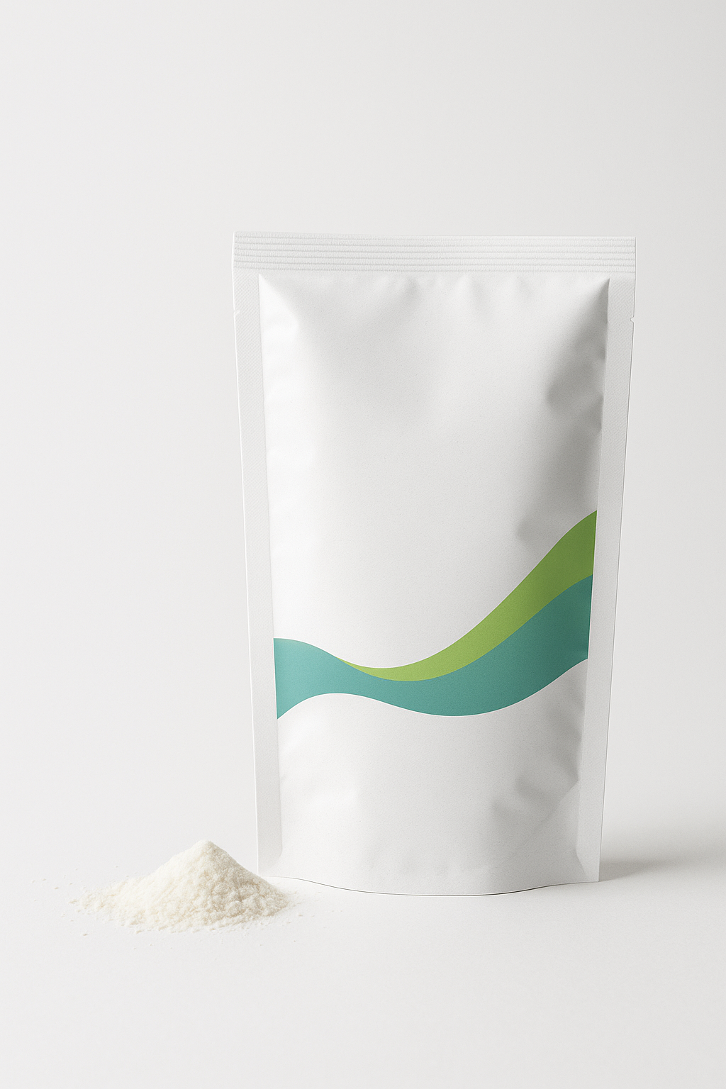 Pre-workout 10 g energy sachet sample – white pouch with green and blue wave design and powder