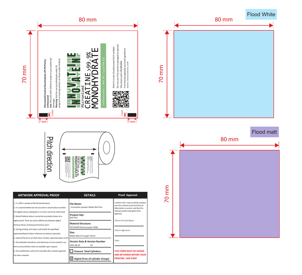 Daily Greens sachet packaging flat layout with dimensions and color swatches