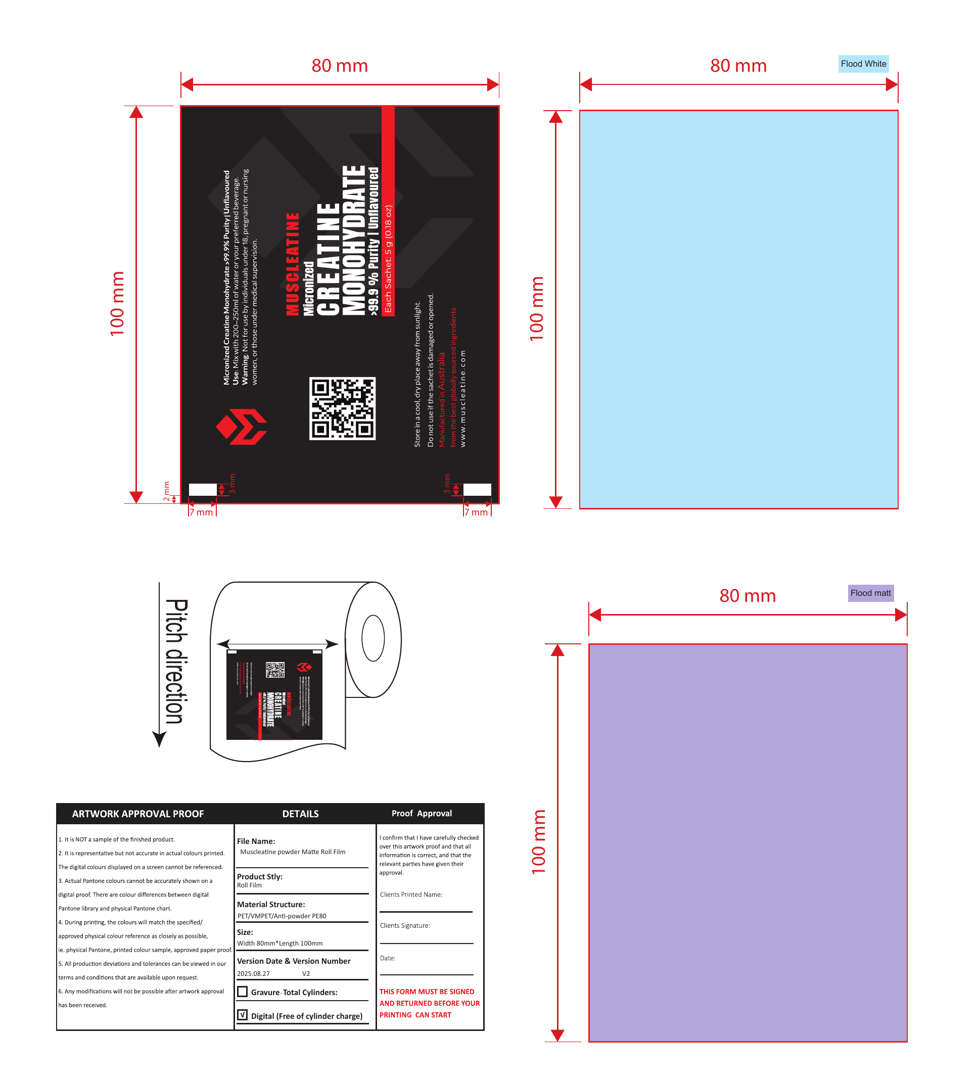 Pre-workout energy sachet packaging flat layout with dimensions and color blocks